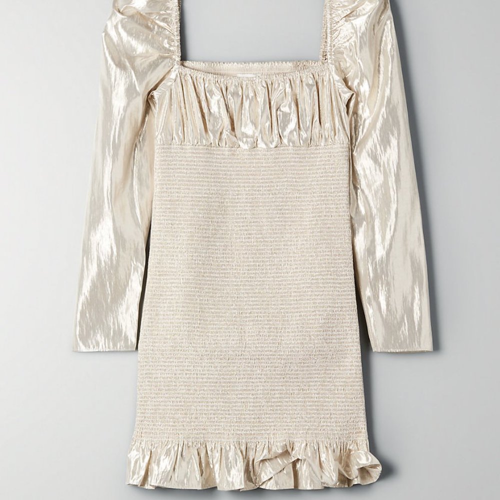 Gorgeous Aritzia WILFRED Ballad Smocked Metallic Gold Bodycon Mini Dress Sz S/M - Picture 7 of 7